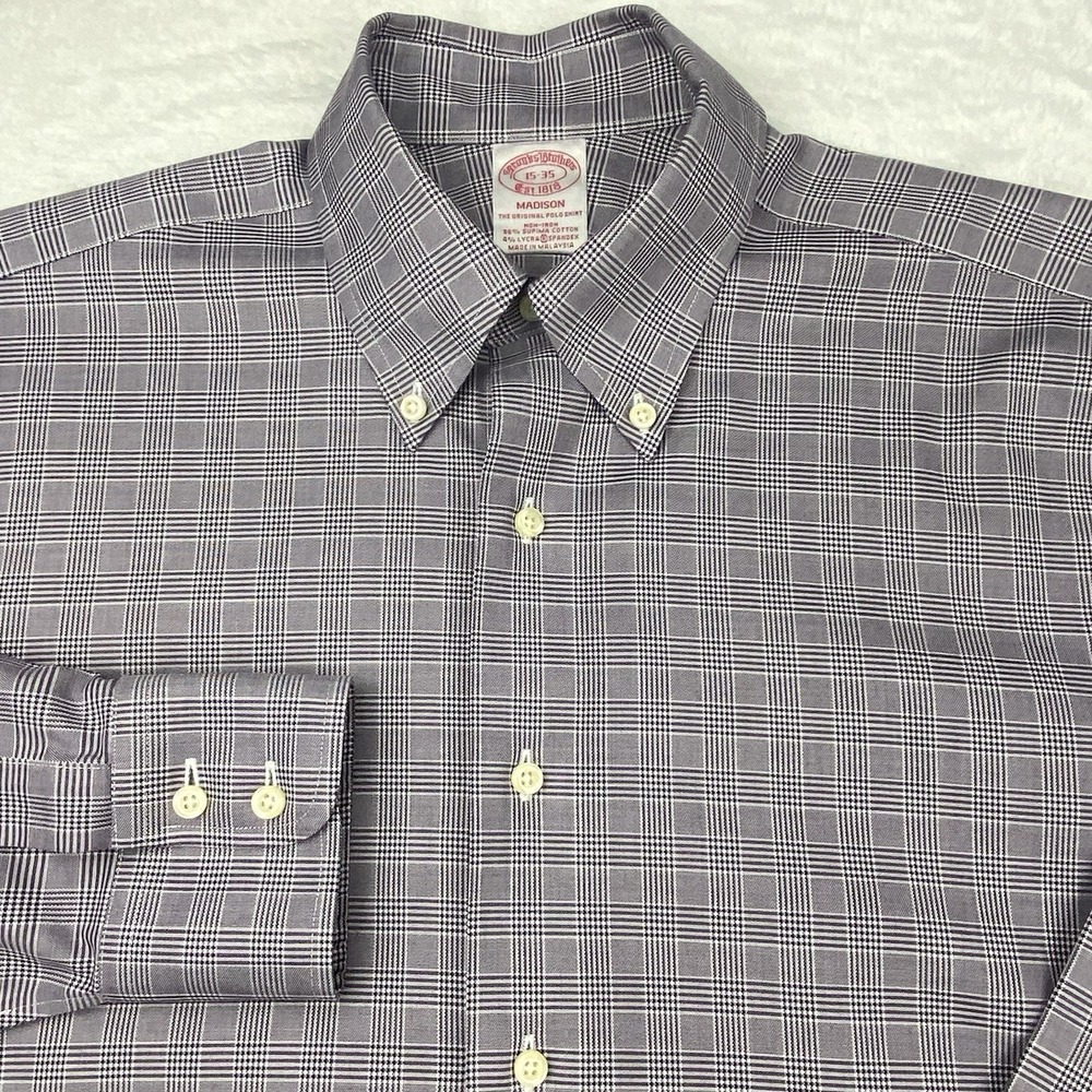 Brooks Brothers Dress Shirt Mens 15-35 Purple Plaid Madison No Iron Stretch